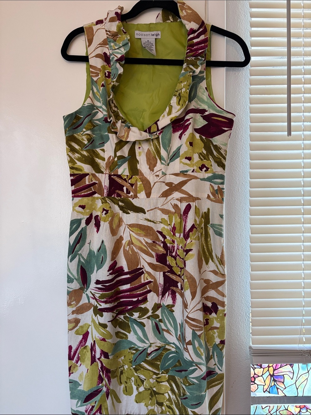 Madison Leigh Sleeveless Ruffle-Neck Floral Sheath Dress in Green & Burgundy